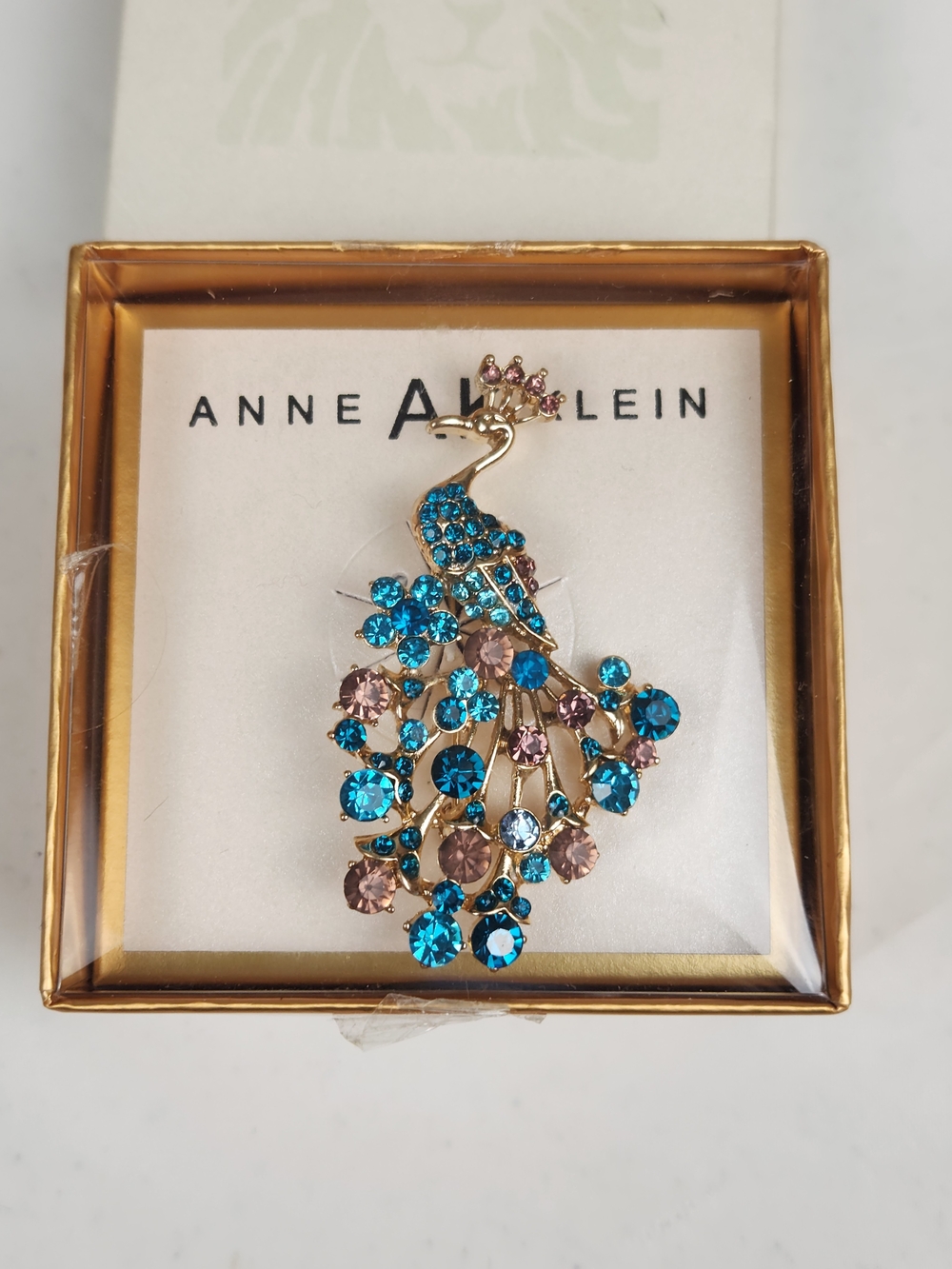 NIB Anne Klein Gold Tone Peacock Rhinestone Brooch